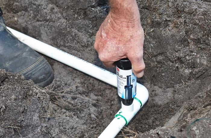 A person attaching a pop-up sprinkler to a PVC pipe
