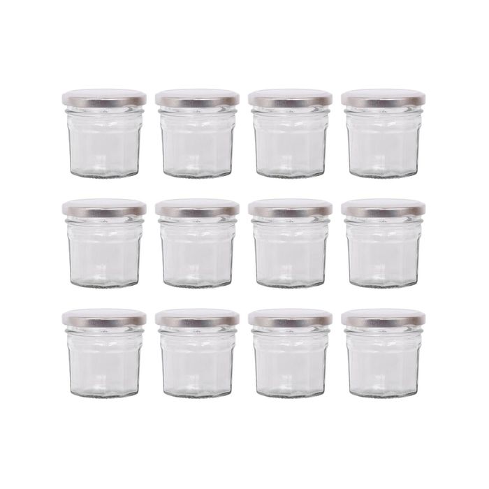 Argon Tableware 90ml Glass Jam Jars With Airtight Silver Lids - Set Of 12 Empty Screw Top Kitchen Storage Preserving Jar