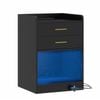 Small Nightstand with Charging Station LED Bedside Table with 2 Drawers & Shelf Black