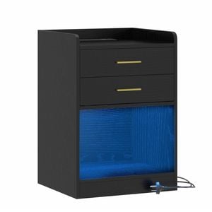 Small Nightstand with Charging Station LED Bedside Table with 2 Drawers & Shelf Black