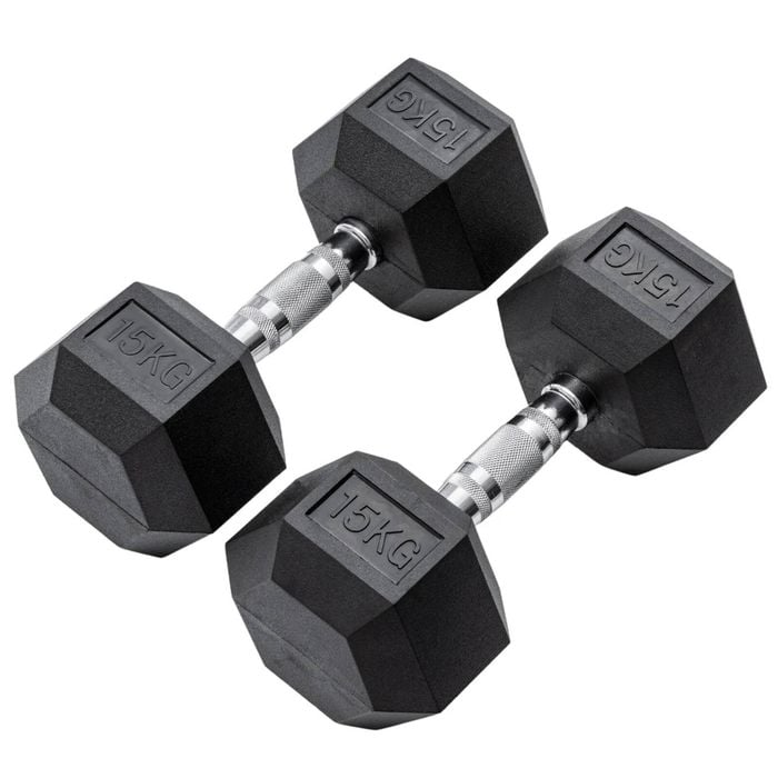 METEOR 15kg Pair Rubber Hex Dumbbells