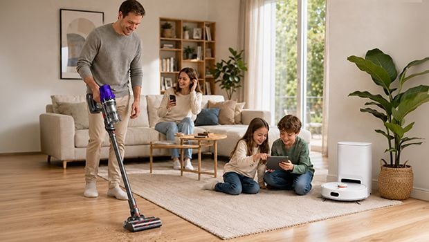 a family of four sitting in the living room and the dad is vacuuming