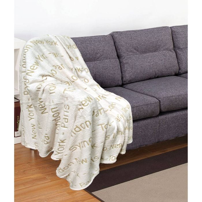 Bloomington Embossed Print Coral Fleece Throw 130 x 160 cm Ivory World Cities