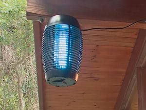 A bug zapper hanging outdoors