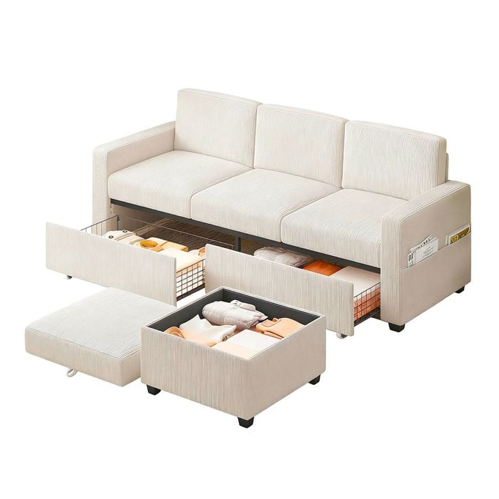 Advwin 3 Seater Sofa 197cm Corduroy Modular Corner Couch w/ Storage Ottoman & Drawers Lounge Chaise Beige
