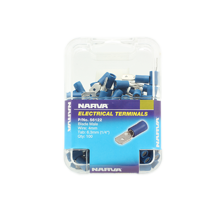 Narva 4mm / 6.3 x 0.8mm Blue Double Crimped Male Blade Terminal - 100 Pack