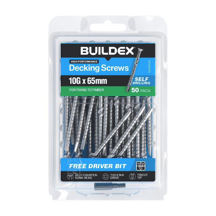 Buildex 10G x 65mm 304 Stainless Steel Decking Screws - 50 pack