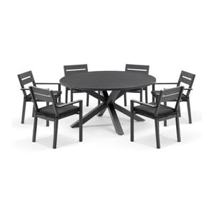 Houston Outdoor 1.5m Round Aluminium Dining Setting Charcoal With 6 Santorini Chairs & Denim Grey Cushions