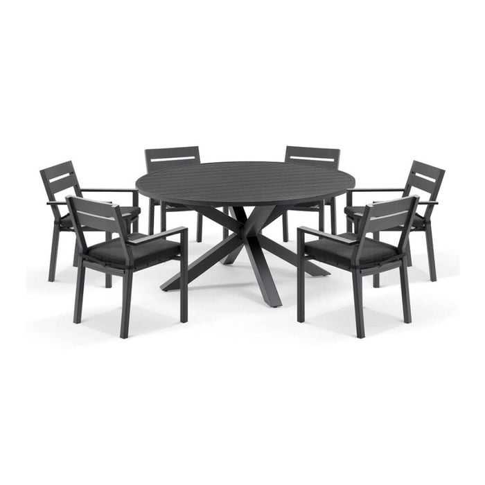 Houston Outdoor 1.5m Round Aluminium Dining Setting Charcoal With 6 Santorini Chairs & Denim Grey Cushions