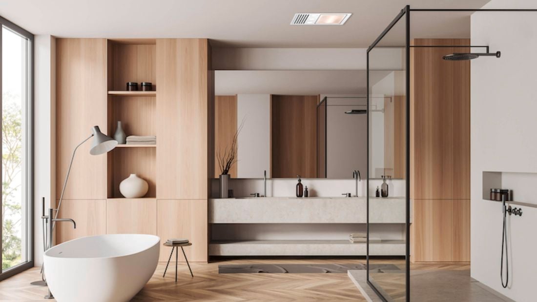 Light timber bathroom with black accents.