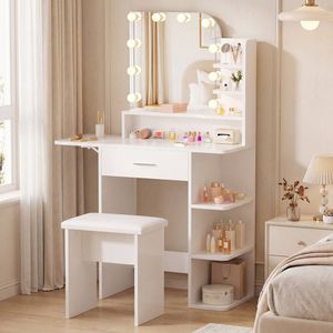 Ufurniture Dressing Table Makeup Vanity Desk Set With Foldable Extendable Desktop 3 Color Lighted Mirror & Soft Stool White
