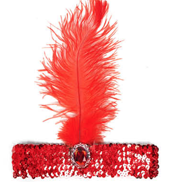 WIDE FLAPPER HEADBAND Feather Sequin Costume Gatsby Charleston Headpiece 1920s Red