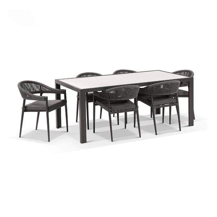 Alpine Outdoor Aluminium & Ceramic Table with 6 Finley Rope Stackable Chairs Slate Grey