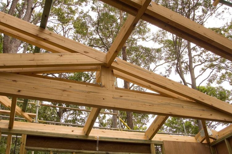 Exposed timber framework for a house under construction