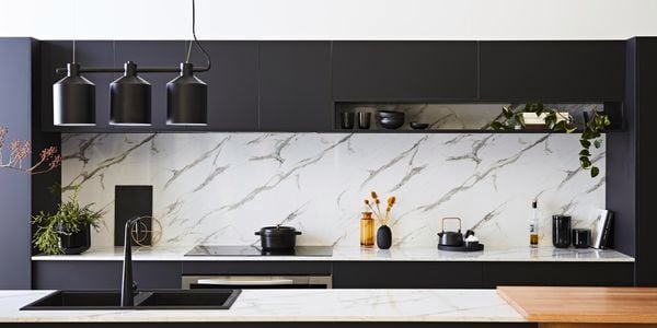 Marble splashback - Black cabinets - Black pendant lights - Style seeker kitchen - Wide