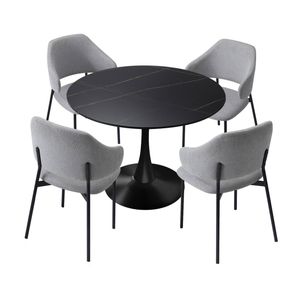 Oikiture 5PCS Dining Table Set Round Table Sherpa Dining Chairs Grey