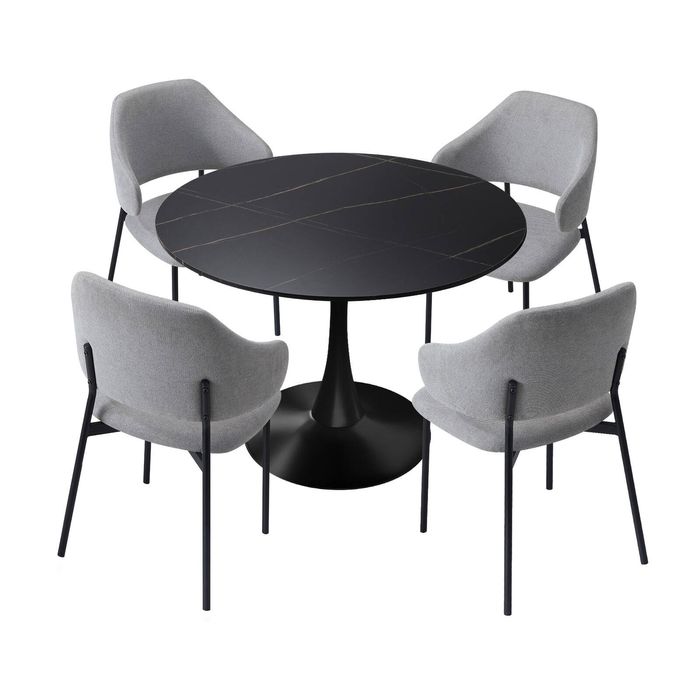 Oikiture 5PCS Dining Table Set Round Table Sherpa Dining Chairs Grey