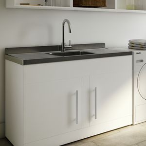 Modern laundry with a wall mounted ironing board, supertub, washing machines, storage and open shelves