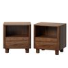 Oikiture 2pc Bedside Table Nightstand One Drawer Open Shelf Handle-Free Walnut