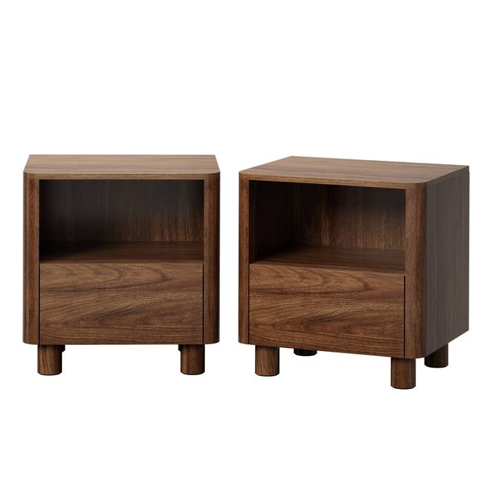 Oikiture 2pc Bedside Table Nightstand One Drawer Open Shelf Handle-Free Walnut