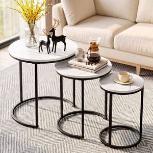 HOMFURN Set of 3 Nesting Side Tables, Marble-Look Top & Black Metal Frame, Round Coffee Tables for Living Room