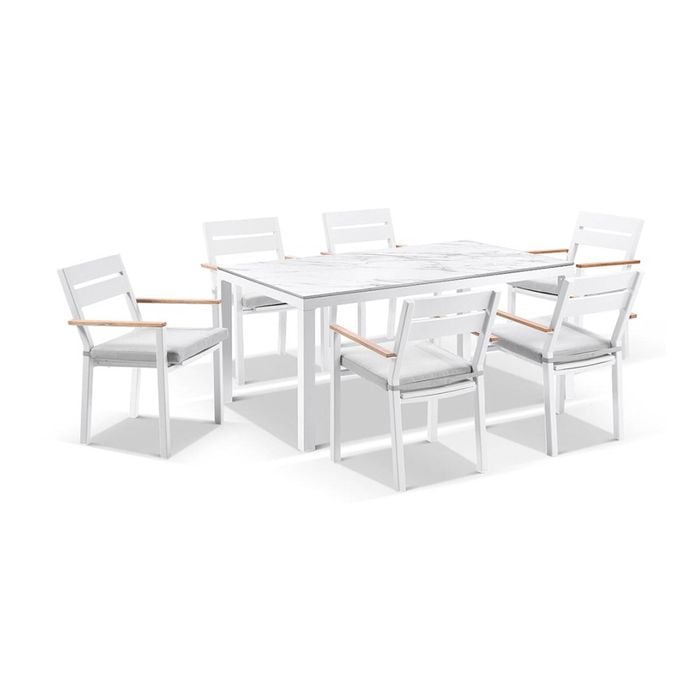 Santorini Ceramic 1.8M Outdoor Aluminium Dining Table With 6 Capri Chairs Setting