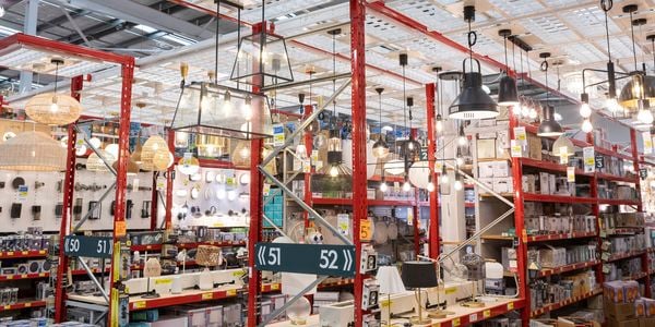 Lighting aisle inside a Bunnings store showing pendant lights, table lamps and display fittings suspended from red shelving in a warehouse‑style retail space.