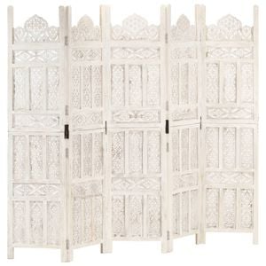 vidaXL Solid Mango Wood Hand carved 5-Panel Room Divider White 200cm Screen
