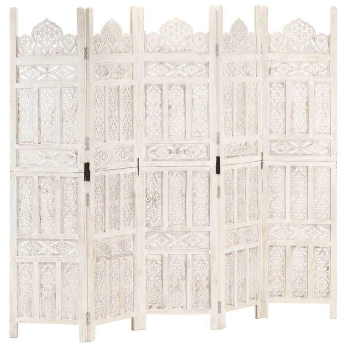 vidaXL Solid Mango Wood Hand carved 5-Panel Room Divider White 200cm Screen
