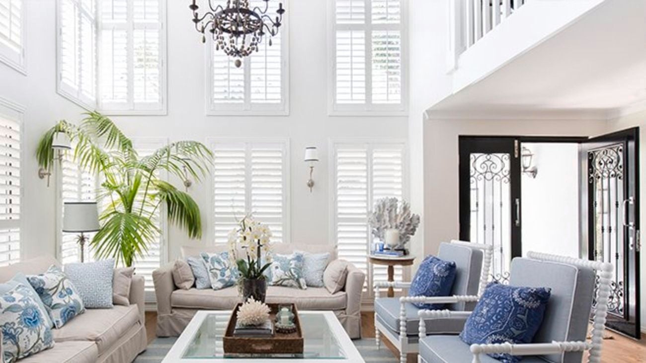 A Hamptons style living area with couches, armchairs, a large palm tree, white shutter windows and a chandelier.