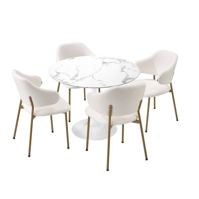 Oikiture 90cm Round Dining Table with 4x Dining Chairs Sherpa Gold&White
