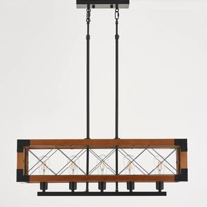LumenSphere Javier 5-Light Retro Wood Pendant - Black Finish, Natural Wood Accents, E27 Base