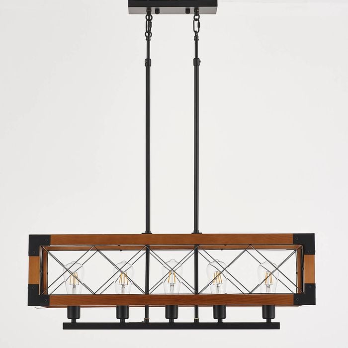 LumenSphere Javier 5-Light Retro Wood Pendant - Black Finish, Natural Wood Accents, E27 Base