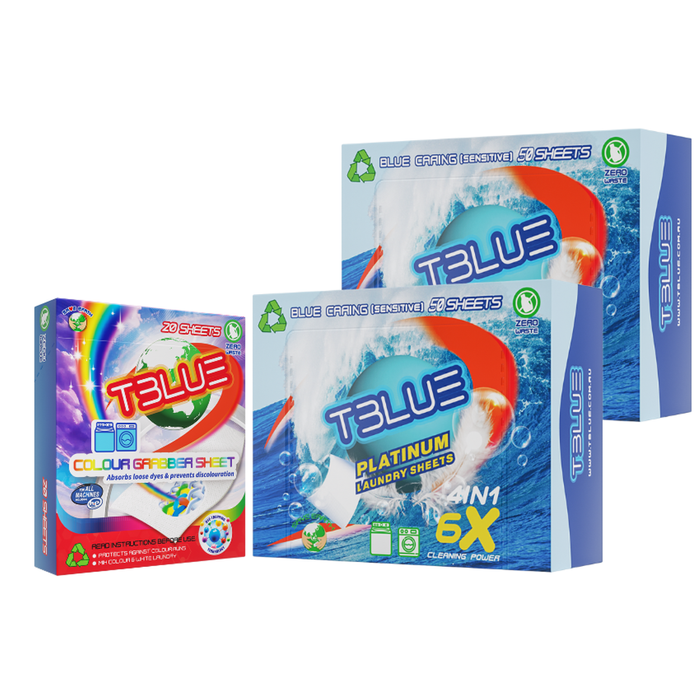 TBLUE Twin Pack Laundry Sheets + Color Grabber Bundle - Blue Caring 50 Loads