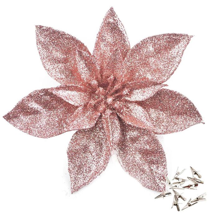 Catzon 12 Pcs Glitter Christmas Flowers with Clips Artificial Poinsettia-RosyGold
