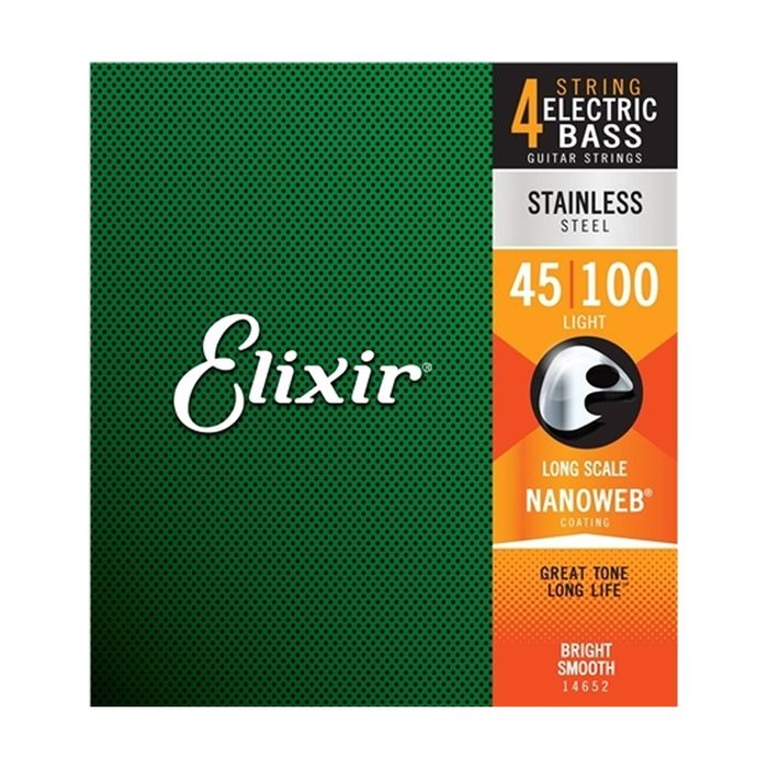 Elixir #14652 Bass Guitar Strings Nanoweb Coating Stainless Steel 45-100 Light