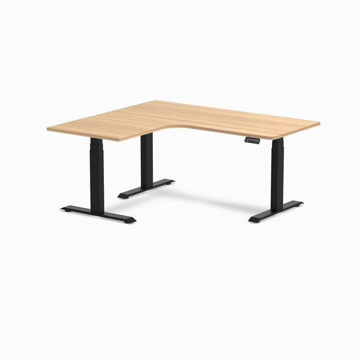 Desky L-Shape Sit to Stand Sublime Teak Melamine Desk 1600x1400mm - Left Return Height Adjustable Matte Black Leg