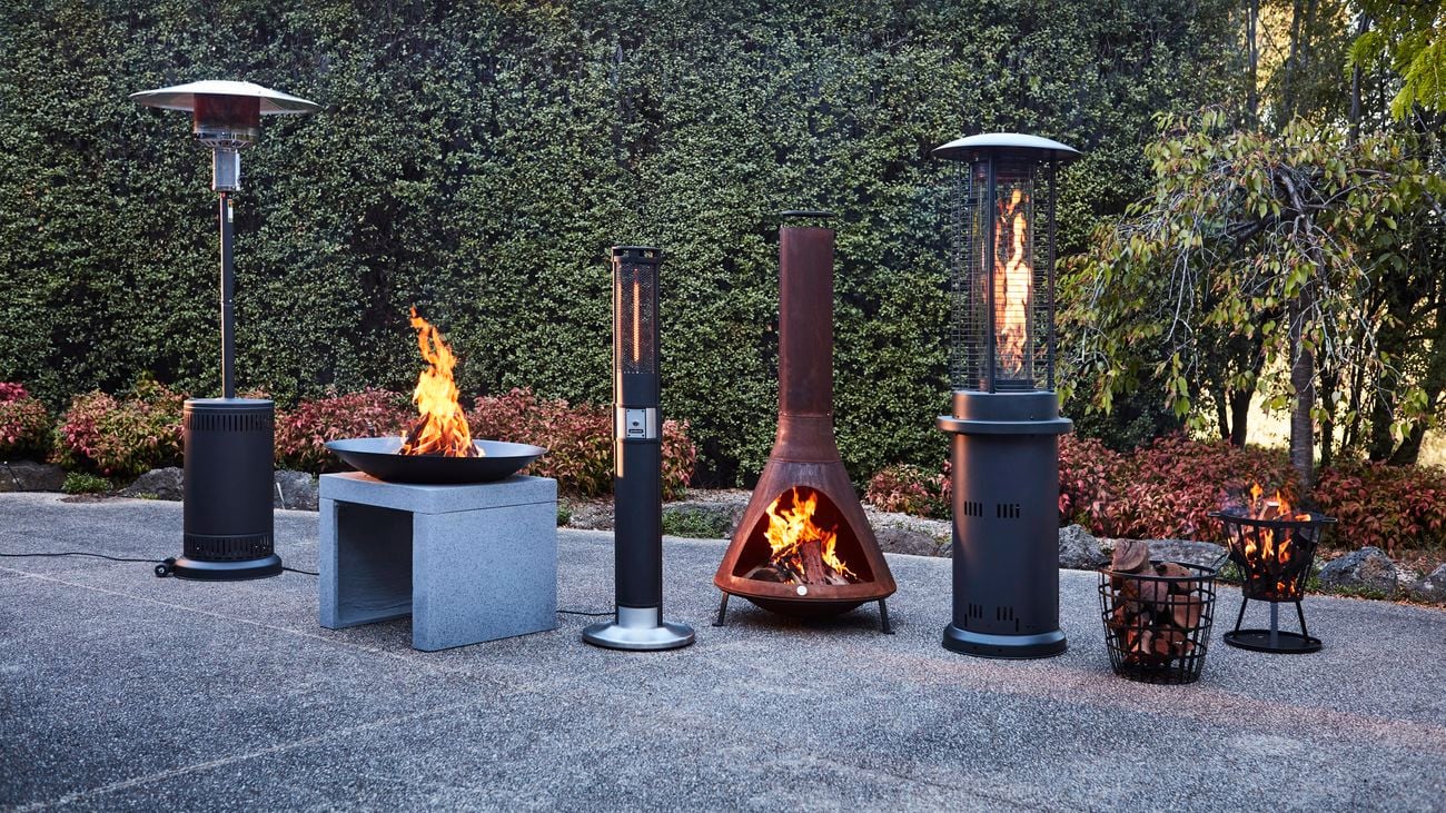 Three different types of fire pit type heaters.