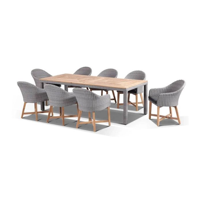 Sahara 8 Seat Rectangle Table Coastal Chairs Brushed Grey & Denim Grey Cushions
