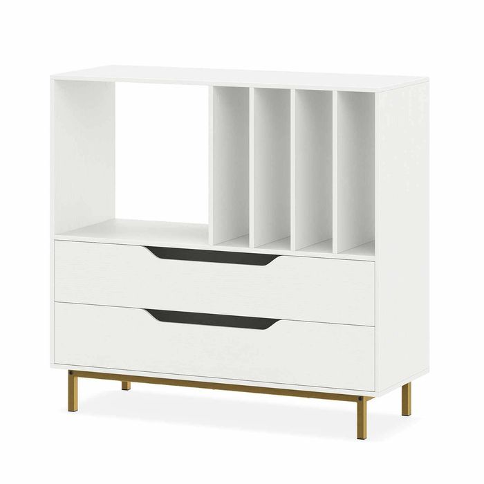 Costway Record Player Stand Modern 4 Rack Cabinet Drawer Bedside White