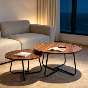 BRIBRION 80cm 60cm Round Nesting Coffee Table Walnut Grain Top Metal Base