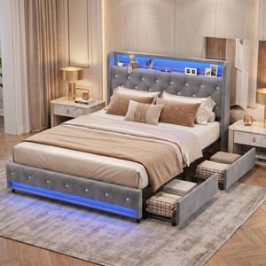 Ufurniture Upholstered Bed Frame Luxury Crystal Button Tufted Headboard with LED Lights and Storage Drawer Queen Bed Grey