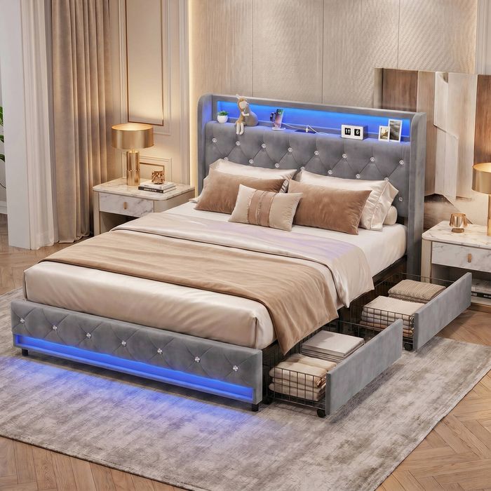 Ufurniture Upholstered Bed Frame Luxury Crystal Button Tufted Headboard with LED Lights and Storage Drawer Queen Bed Grey