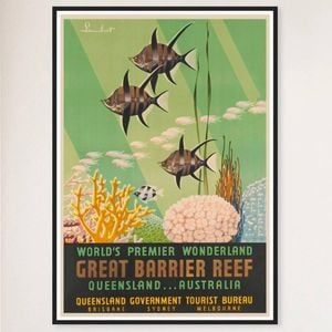 Galrie Vintage Great Barrier Reef Travel Poster from Queensland Australia Artwork, Black Frame, 70 x 100cm (28 x 40inch)