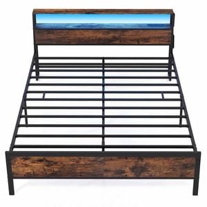 Costway Queen Bed Frame Rgb Led Light Charging Station Metal Headboard