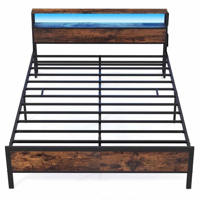 Costway Queen Bed Frame Rgb Led Light Charging Station Metal Headboard