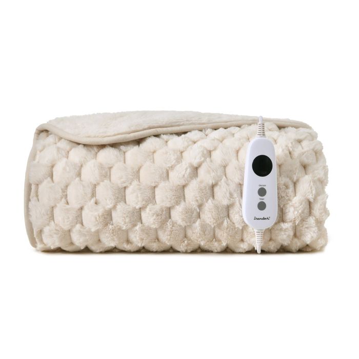 Dreamaker Emmett Premium Textured Faux Fur Electric Heated Throw Blanket Cream 130x160cm | Overheat Protection & Washable