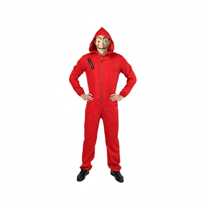 More Than Party Mens Red Robber Costume Halloween Hooded Jumpsuit With Mask S/M