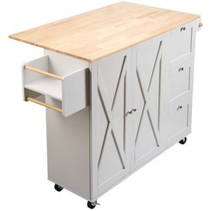 VEVOR Kitchen Island Cart White with Solid Wood Top Storage Cabinet Spice Rack