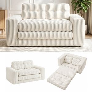 Ufurniture 142cm Convertible 2 Seater Sofa Bed Wide-wale Corduroy Loveseat Floor Sleeper Sofa W/ 2 Pillow Boneless Beige
